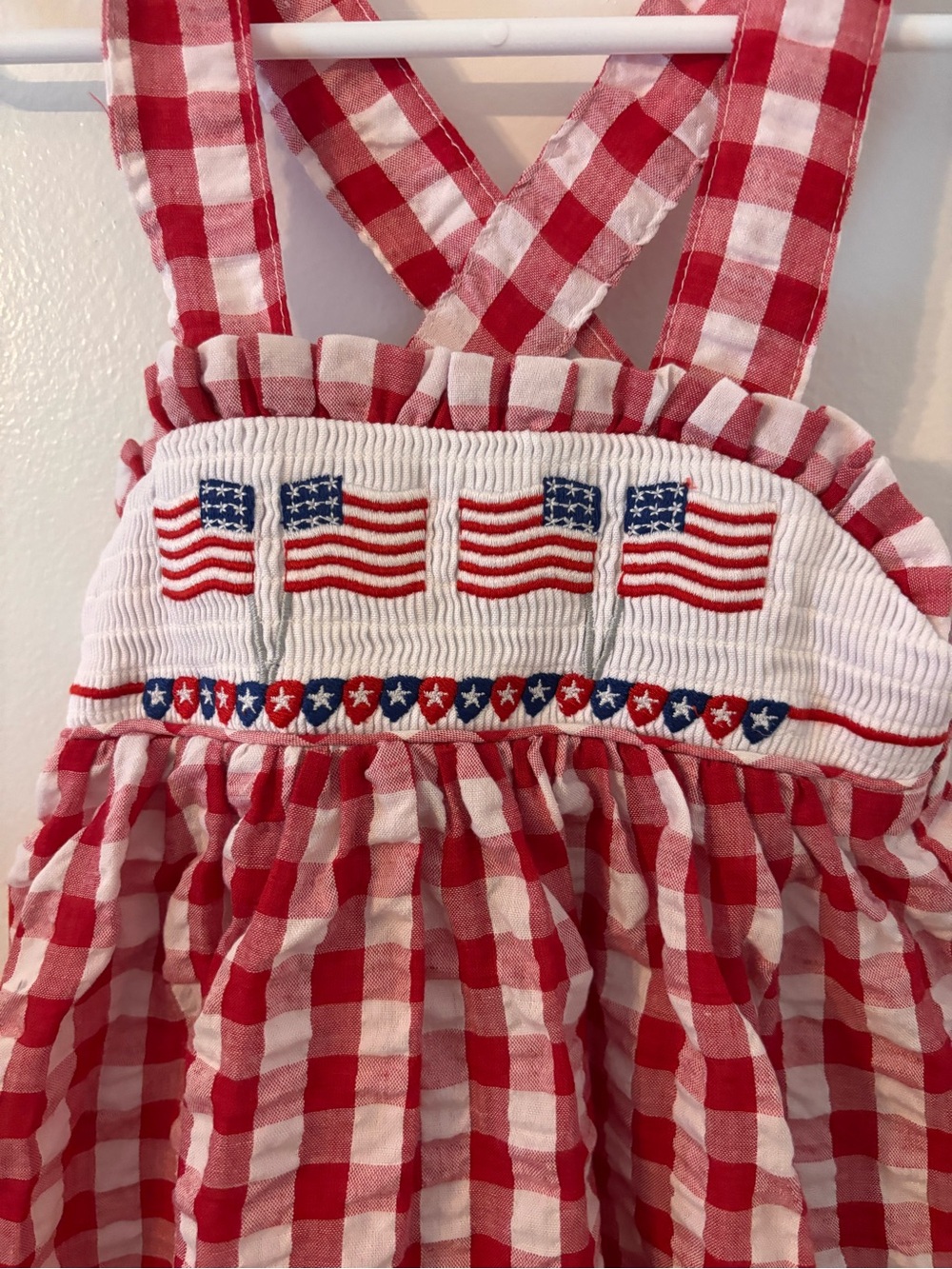 Girl’s Patriotic Honeydew Red and White Gingham Sundress with Flag Embroidery